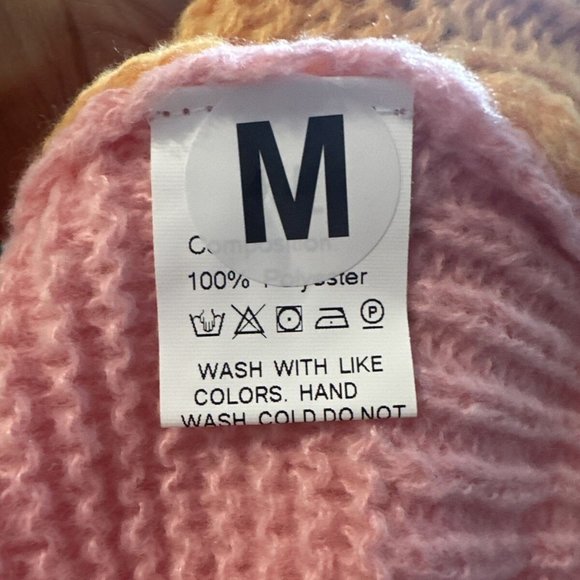 Women Open Knit Sweater Cardigan Medium Pink Orange Colorblock Fruit Embroidery - Picture 15 of 15